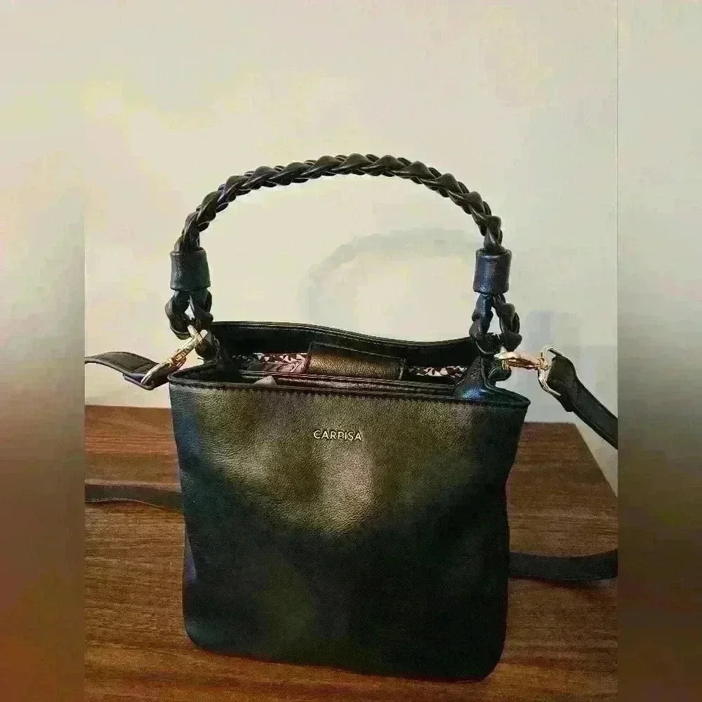 Carpisa Black Faux Leather Satchel Gold Hardware Detachable Cross-body Strap